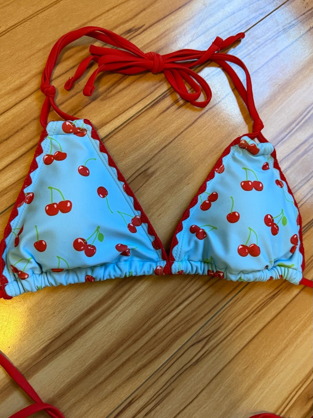 SHEIN Red Cherry Print Triangle Bikini Top